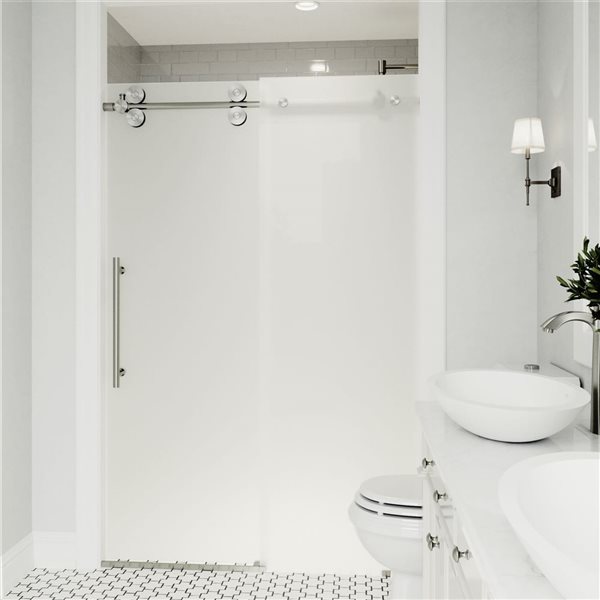 VIGO Elan 56 to 60 in. W x 74 in. H Frameless Sliding Shower Door in Stainless Steel with Clear Glass and Handle