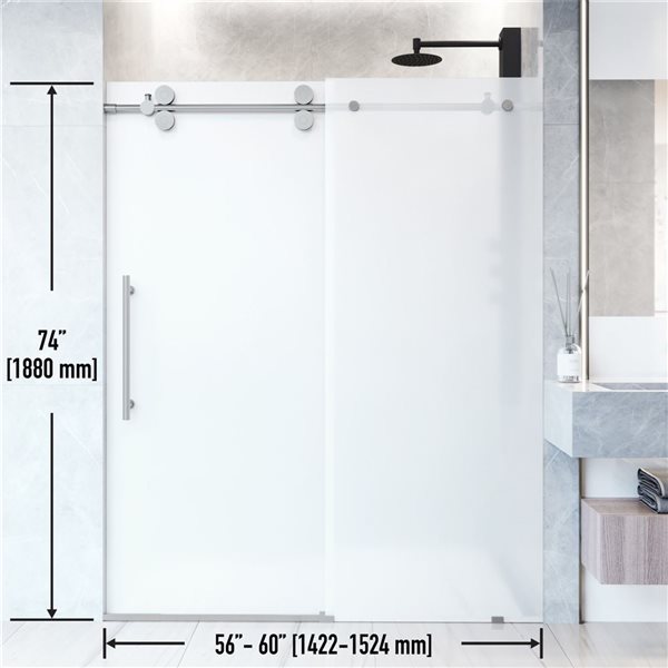 Porte de douche coulissante sans cadre Elan par VIGO acier inoxydable avec verre transparent et poignée 56 à 60 po x 74 po