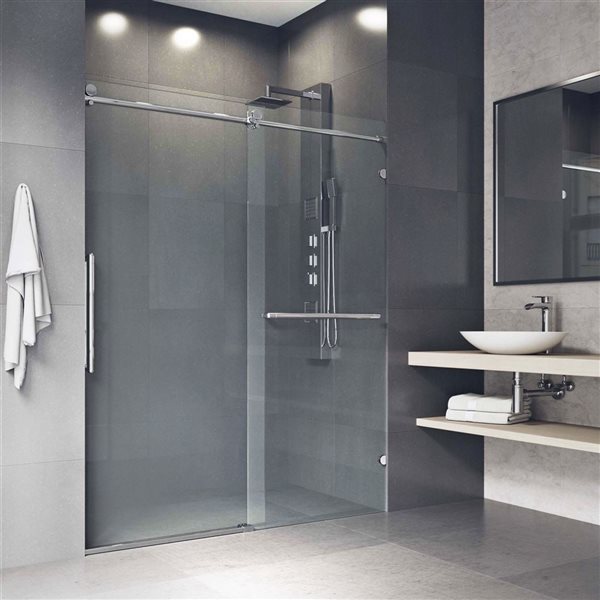 Porte de douche coulissante sans cadre Ferrarapar VIGO chrome avec verre transparent et poignée 72 à 73 x 74 po