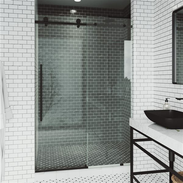 VIGO Elan E-Class 68 to 72 in. W x 76 in. H Frameless Sliding Shower Door in Matte Black with Clear Glass and Handle