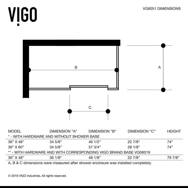 VIGO Winslow 34 in. L x 58 in. W x 74 in. H Frameless Sliding Shower Enclosure in Chrome with Clear Glass and Handle