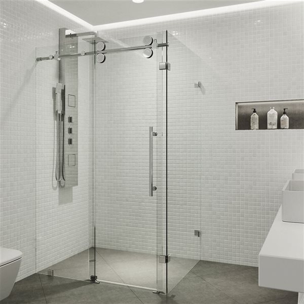 Cabine de douche coulissante sans cadre Winslow par VIGO  chrome avec verre transparent et poignée 34 x 58 x 74 po