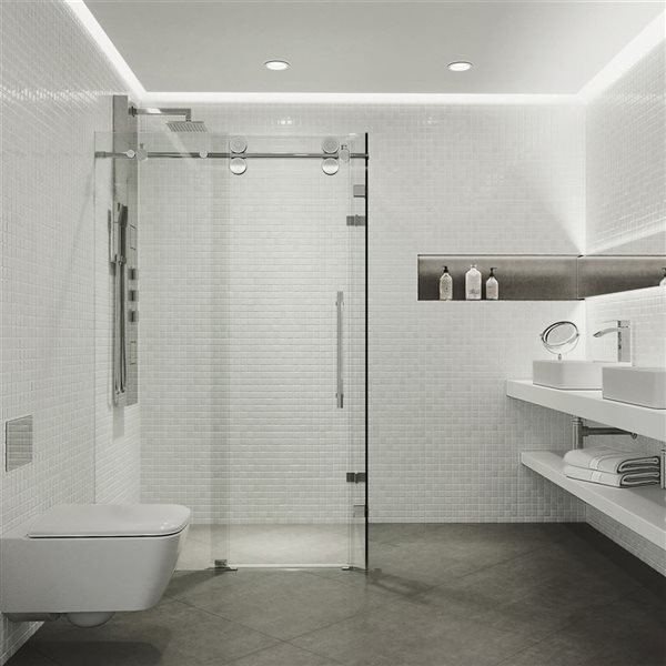 Cabine de douche coulissante sans cadre Winslow par VIGO  chrome avec verre transparent et poignée 34 x 58 x 74 po