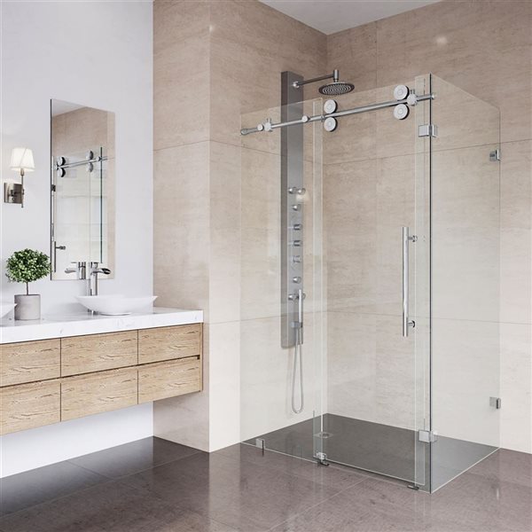 Cabine de douche coulissante sans cadre Winslow par VIGO  chrome avec verre transparent et poignée 34 x 58 x 74 po