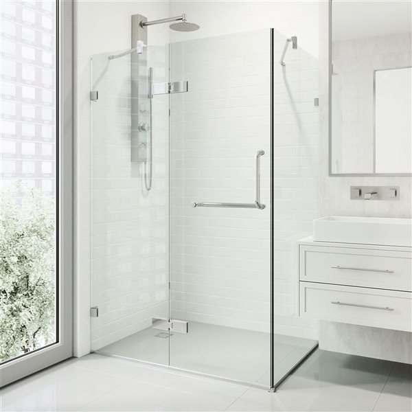 VIGO Monteray 30 in. L x 38 in. W x 73 in. H Frameless Hinged Shower Enclosure in Chrome with Clear Glass and Handle