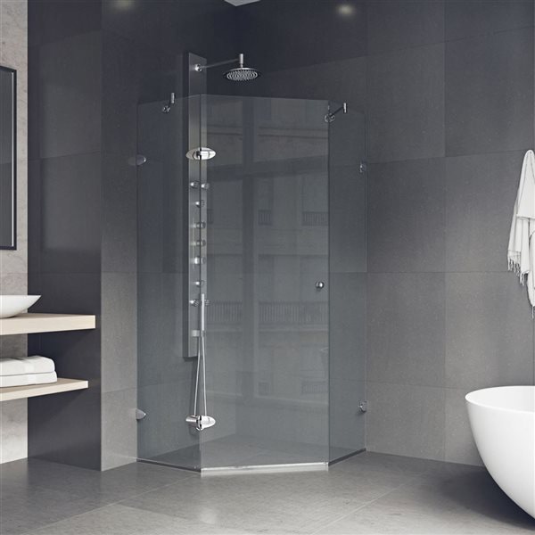 Cabine de douche à charnière sans cadre Verona par VIGO chrome avec verre transparent et poignée 40 po x 73 po