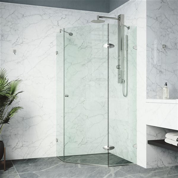 VIGO Verona 40 in. W x 73 in. H Frameless Hinged Shower Enclosure in Brushed Nickel with Clear Glass and Handle