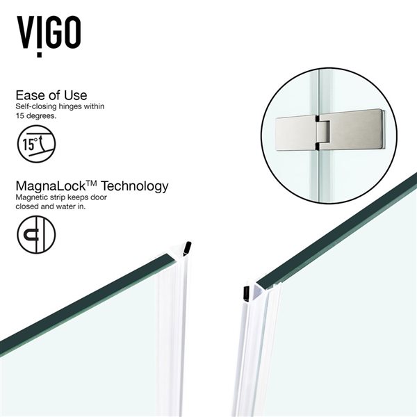 VIGO Monteray 30 in. L x 46 in. W x 73 in. H Frameless Hinged Shower Enclosure in Brushed Nickel with Clear Glass