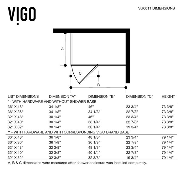 VIGO Monteray 30 in. L x 46 in. W x 73 in. H Frameless Hinged Shower Enclosure in Brushed Nickel with Clear Glass