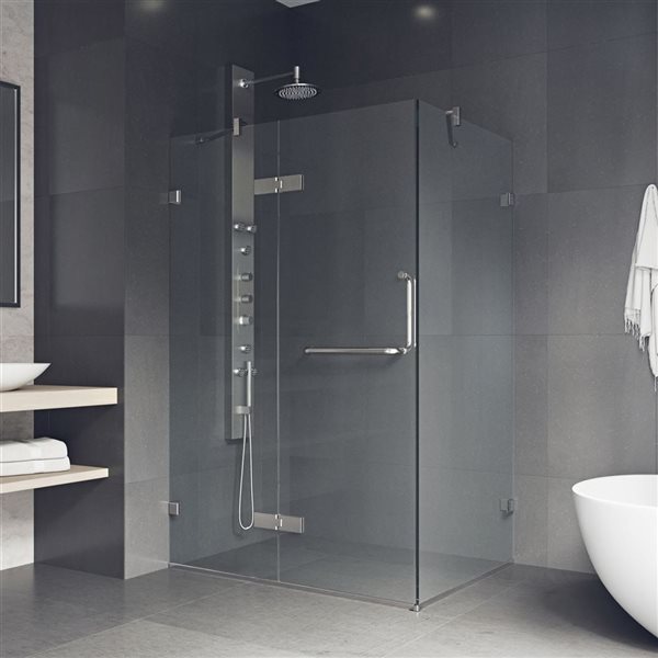 Cabine de douche à charnière sans cadre Monteray par VIGO nickel brossé avec verre transparent 30 po x 46 po x 73 po