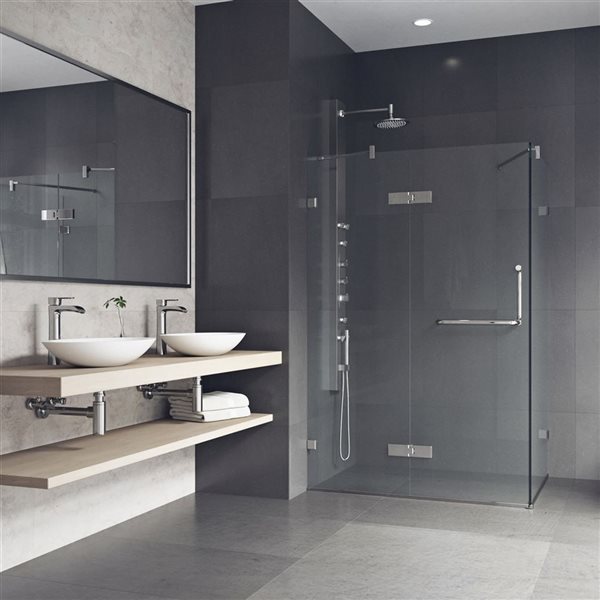 Cabine de douche à charnière sans cadre Monteray par VIGO nickel brossé avec verre transparent 30 po x 46 po x 73 po