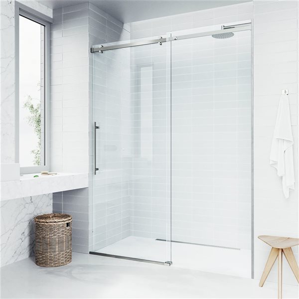 VIGO Luca 56 to 60 in. W x 79 in. H Frameless Sliding Shower Door in Stainless Steel with Clear Glass and Handle