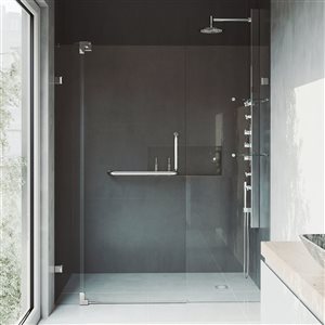 Porte de douche pivotante sans cadre Pirouette par VIGO nickel brossé avec verre transparent et poignée 42 à 48 po x 72 po