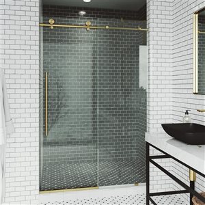 Porte de douche coulissante sans cadre Elan E-Class par VIGO or brossé mat avec verre transparent 64 à 68 po x 76 po