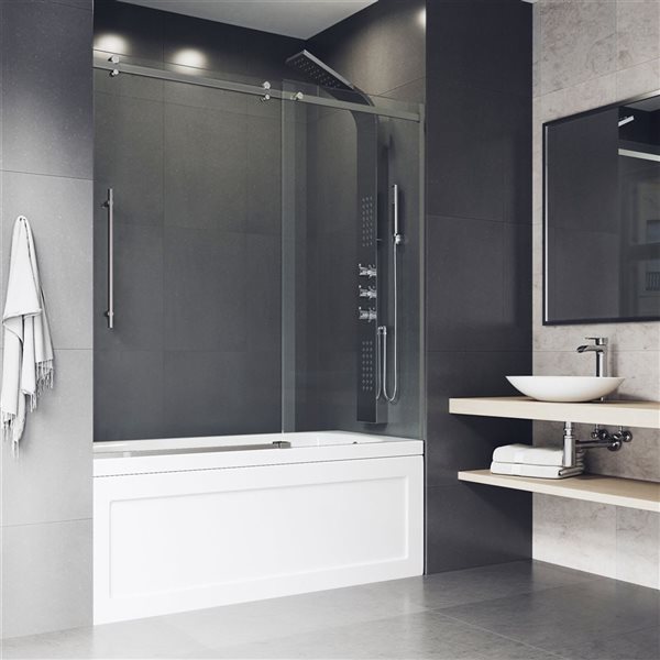 Luca 56 To 60-In W X 58-In H Frameless Stainless Steel Sliding Tub Door With Clear Glass And Handle