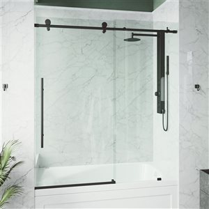 VIGO Elan E-class 56 to 60 in. x 66 in. Frameless Sliding Tub Door in Matte Black with Clear Glass and Handle