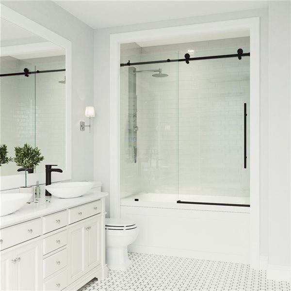 VIGO Elan E-class 56 to 60 in. x 66 in. Frameless Sliding Tub Door in Matte Black with Clear Glass and Handle