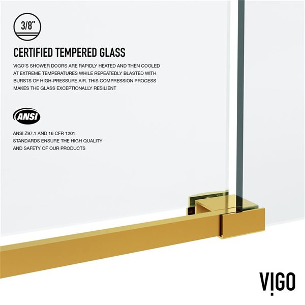 VIGO Elan 56 to 60 in. W x 76 in. H Frameless Sliding Shower Door in Matte Brushed Gold with Clear Glass and Handle