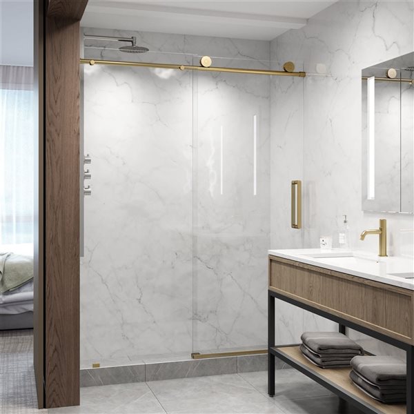 VIGO Elan 56 to 60 in. W x 76 in. H Frameless Sliding Shower Door in Matte Brushed Gold with Clear Glass and Handle