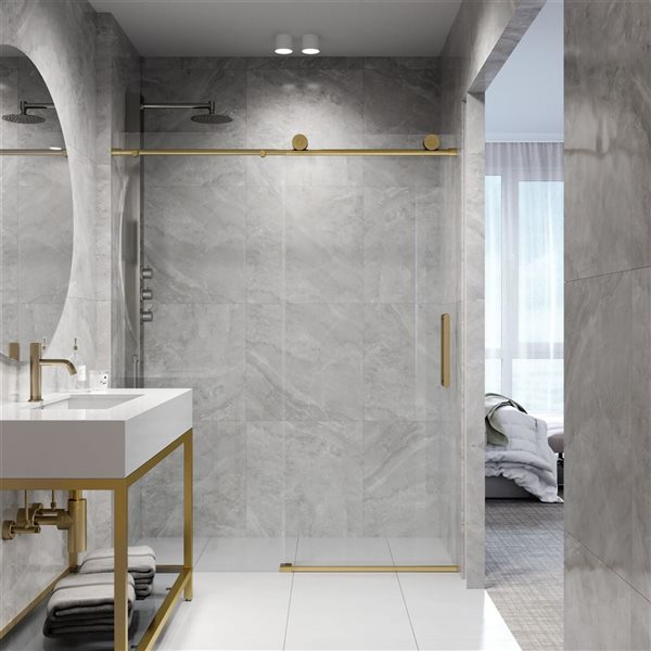 VIGO Elan 56 to 60 in. W x 76 in. H Frameless Sliding Shower Door in Matte Brushed Gold with Clear Glass and Handle