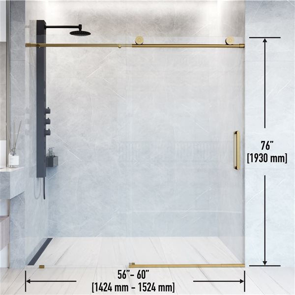 Porte de douche coulissante sans cadre Elan par VIGO or brossé mat avec verre transparent et poignée 56 à 60 po x 76 po