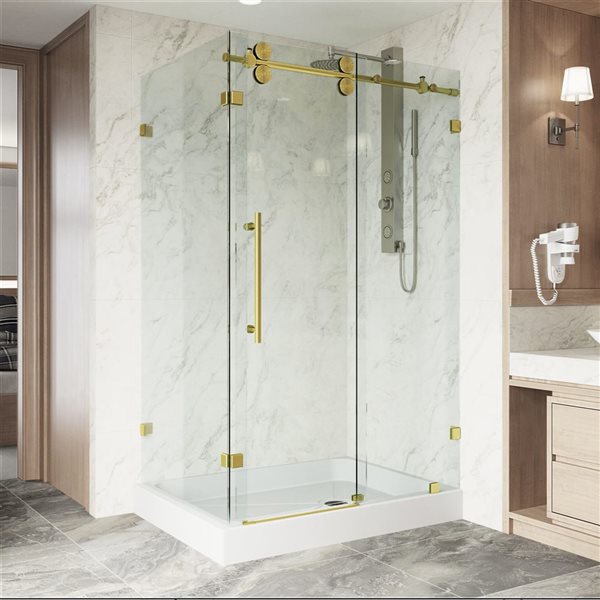 VIGO Winslow&nbsp;36-in D x&nbsp;48-in W x&nbsp;80-in H Frameless Matte Brushed Gold Sliding Shower Enclosure w/ Clear Glass and Base