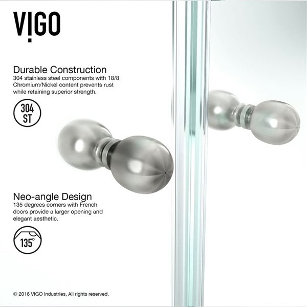 VIGO Gemini 48 in. W x 79 in. H Frameless Hinged Shower Enclosure in Brushed Nickel with Clear Glass