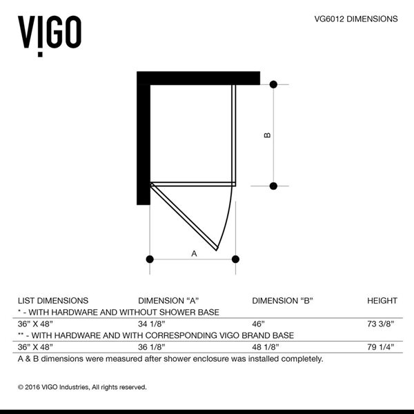 VIGO Pacifica 36 in. L x 48 in. W x 79 in. H Frameless Hinged Shower Enclosure in Brushed Nickel