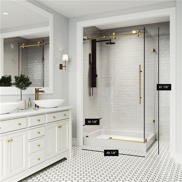 VIGO VIGO Elan E-Class 48 in. L x 36 in. W x 82 in. H Frameless Sliding Shower Enclosure in Matte Brushed Gold with Clear Glass