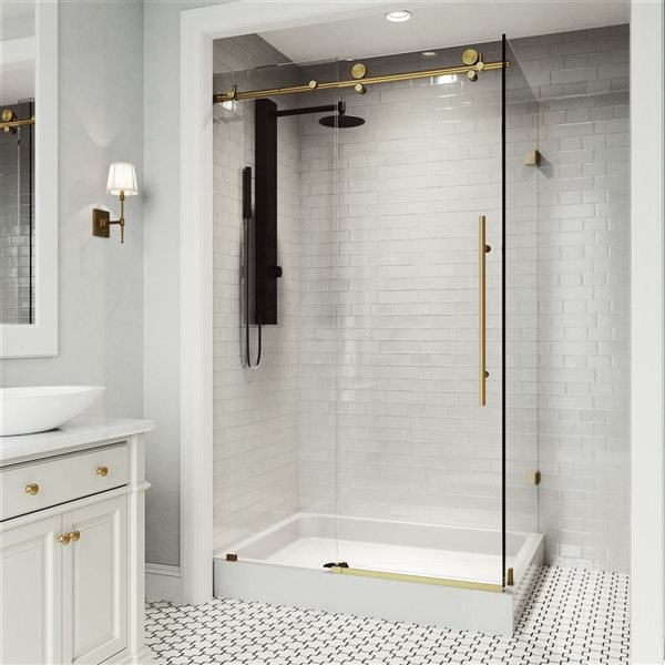 VIGO VIGO Elan E-Class 48 in. L x 36 in. W x 82 in. H Frameless Sliding Shower Enclosure in Matte Brushed Gold with Clear Glass