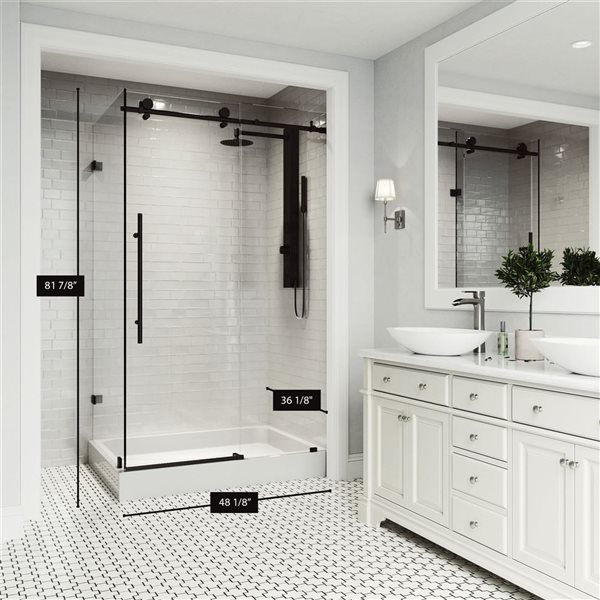 VIGO Elan E-Class 36-in D x&nbsp;48-in W x&nbsp;82-in H Frameless Sliding Matte Black Shower Enclosure with Clear Glass and Base