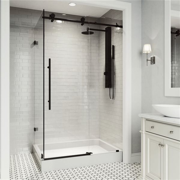VIGO Elan E-Class 36-in D x&nbsp;48-in W x&nbsp;82-in H Frameless Sliding Matte Black Shower Enclosure with Clear Glass and Base