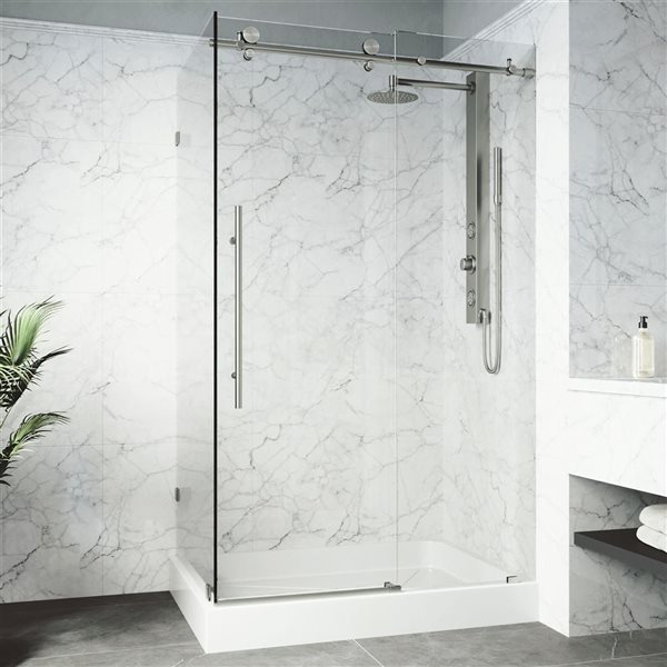 VIGO Elan E-Class 36 x&nbsp;48-in W x&nbsp;82-in H Frameless Sliding Stainless Steel Shower Enclosure with Clear Glass and Base