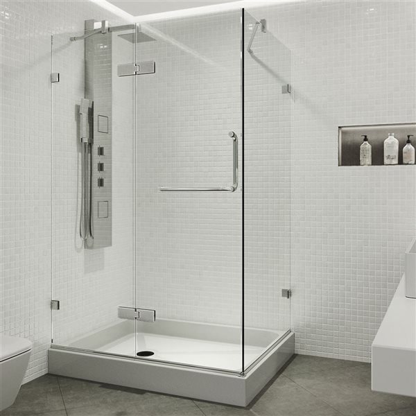 VIGO Monteray 32 in. L x 48 in. W x 79 in. H Frameless Hinged Shower Enclosure in Chrome with Clear Glass and Handle