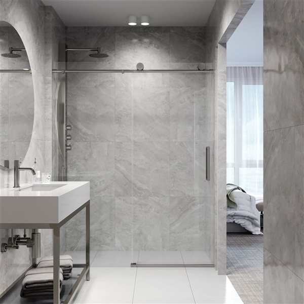 VIGO Elan 56 to 60 in. W x 76 in. H Frameless Sliding Shower Door in Stainless Steel with Clear Glass and Handle