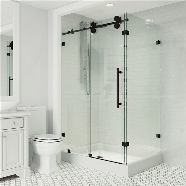 VIGO Winslow&nbsp;36-in D x&nbsp;48-in W x&nbsp;80-in H Frameless Matte Black Sliding Shower Enclosure with Clear Glass and Base