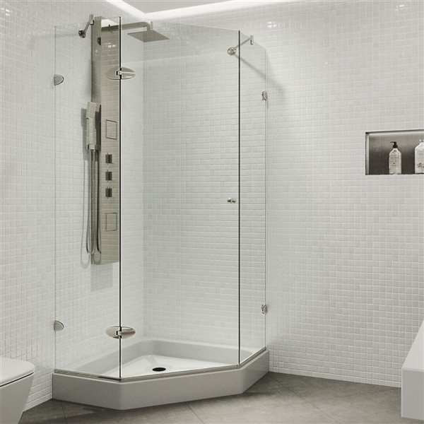 VIGO Verona 42 in. L x 28 in. W x 79 in. H Frameless Hinged Shower Enclosure in Brushed Nickel with Clear Glass