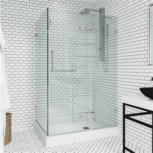 VIGO Monteray 32 in. L x 48 in. W x 79 in. H Frameless Hinged Shower Enclosure in Chrome with Clear Glass and Handle