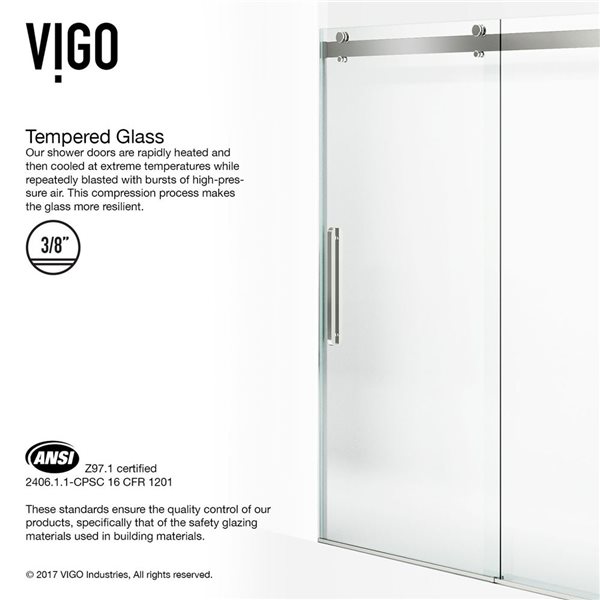 VIGO Caspian 59 to 61 in. W x 74 in. H Frameless Sliding Shower Door in Stainless Steel with Clear Glass and Handle
