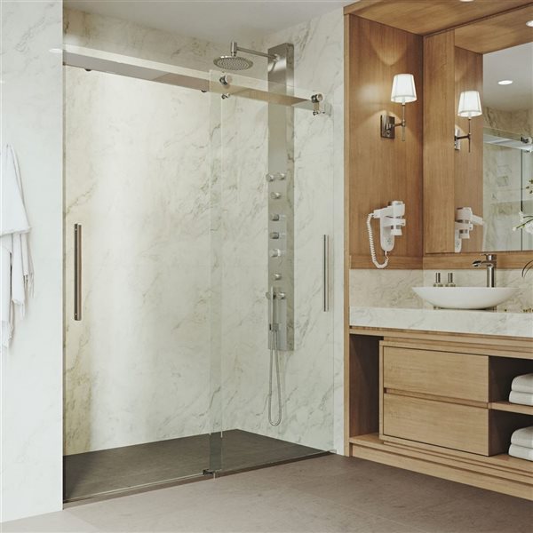 VIGO Caspian 59 to 61 in. W x 74 in. H Frameless Sliding Shower Door in Stainless Steel with Clear Glass and Handle
