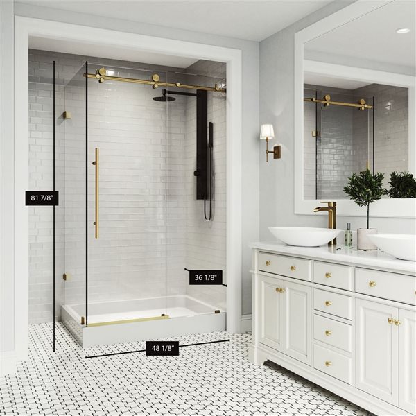 VIGO Elan E-Class 36-in D x&nbsp;48-in W x&nbsp;82-in H Frameless Sliding Matte Brushed Gold Shower Enclosure with Base