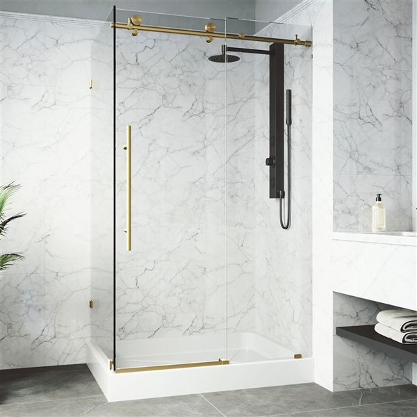 VIGO Elan E-Class 36-in D x&nbsp;48-in W x&nbsp;82-in H Frameless Sliding Matte Brushed Gold Shower Enclosure with Base