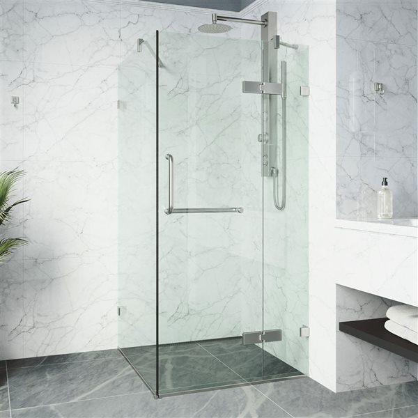 VIGO Monteray 34 in. L x 46 in. W x 73 in. H Frameless Hinged Shower Enclosure in Brushed Nickel with Clear Glass and Handle