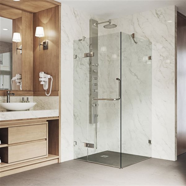 VIGO Monteray 34 in. L x 46 in. W x 73 in. H Frameless Hinged Shower Enclosure in Brushed Nickel with Clear Glass and Handle