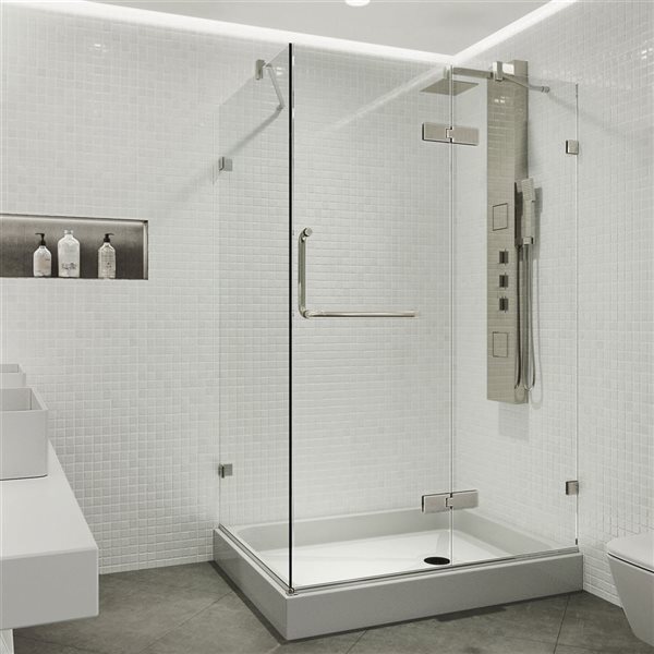 VIGO Monteray 32 in. L x 48 in. W x 79 in. H Frameless Hinged Shower Enclosure in Brushed Nickel with Clear Glass and Handle