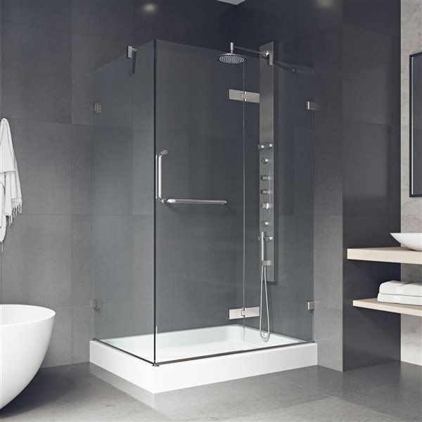 VIGO Monteray 32 in. L x 48 in. W x 79 in. H Frameless Hinged Shower Enclosure in Brushed Nickel with Clear Glass and Handle