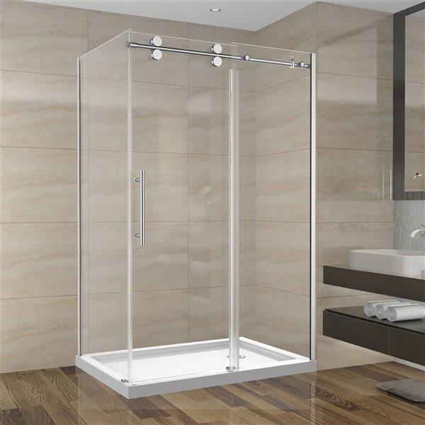 Porte de Douche Coulissante Réversible SERA par GEF 48 x 36 x 75 po x 10mm chrome avec panneau latéral 36 po