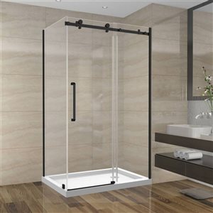 Porte de Douche Coulissante Réversible SERA par GEF 48 x 32 x 75 po x 10mm noire avec panneau latéral 32 po