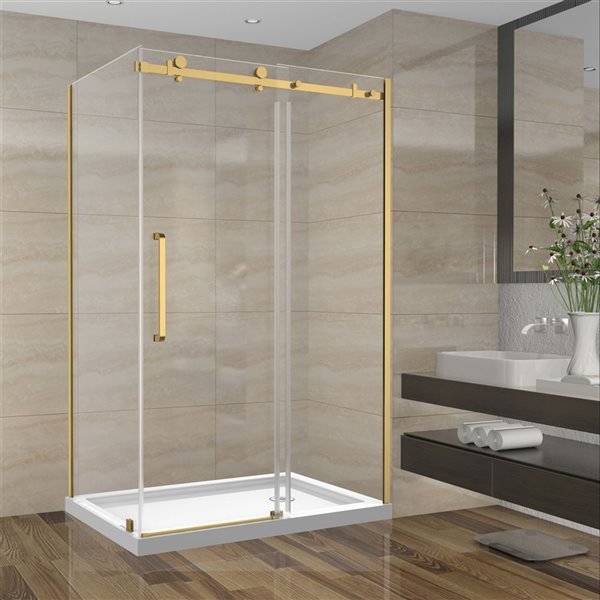 Porte de Douche Coulissante Réversible SERA par GEF 48 x 36 x 75 po x 10mm or brossé avec panneau latéral 36 po