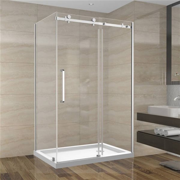 Porte de Douche Coulissante Réversible SERA par GEF 48 x 36 x 75 po x 10mm chrome avec panneau latéral 36 po